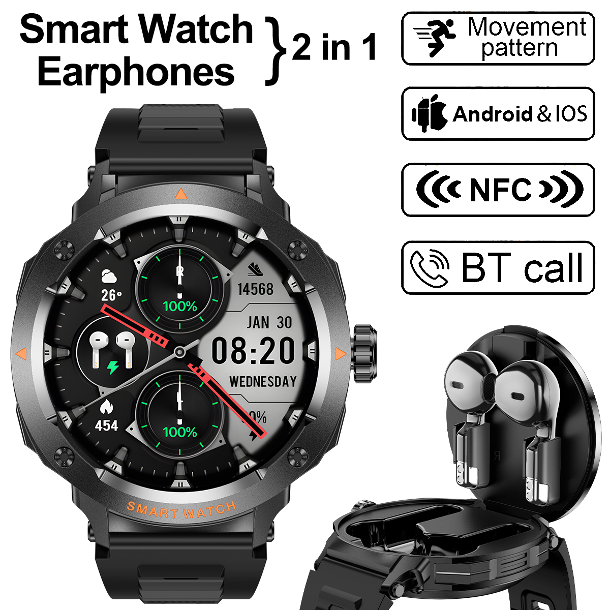 NFC Smart Watch Wireless Earph - Earbuds Charging Case reseña y precio